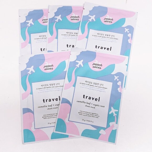 5 PACK Peach Slices Travel Camellia Leaf + Coptis Root Sheet Mask - 0.84 fl oz - Picture 1 of 2